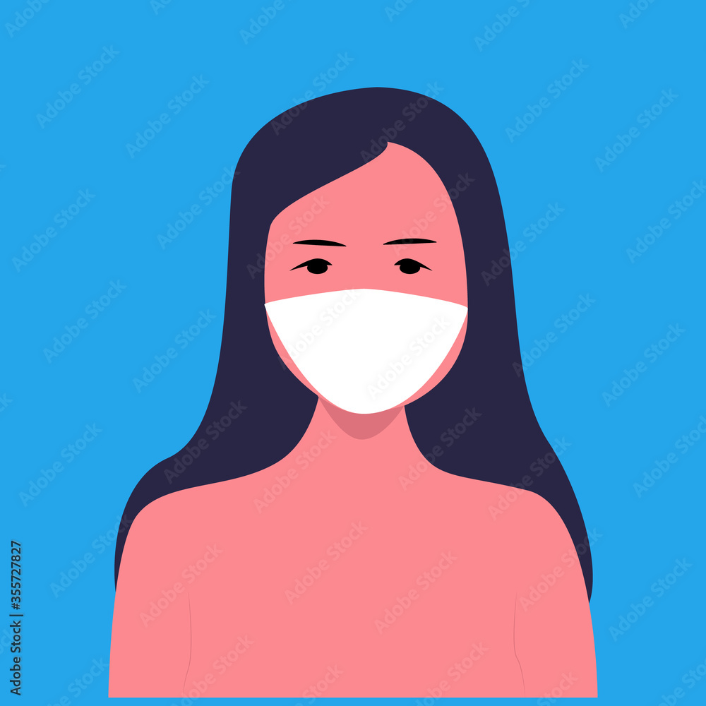 Cartoon portrait of a girl in a mask for medical design. Virus protection. Face mask from pollution. Viral vector concept. Female medical mask. Flat illustration of a lonely isolated woman on a blue
Cartoon portrait of a girl in a mask for medical design. Virus protection. Face mask from pollution. Viral vector concept. Female medical mask. Flat illustration of a lonely isolated woman on a blue