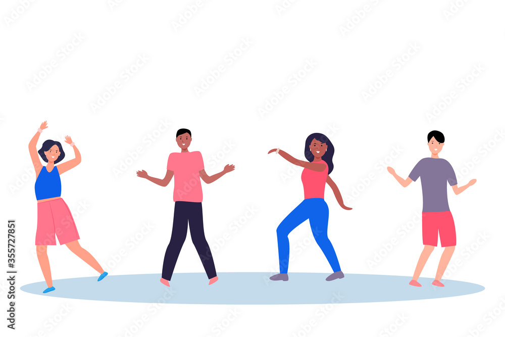 Cartoon modern international people dancing for holiday design. Vector flat illustration design. Festive background, poster, night lifestyle. active lifestyle of young people.