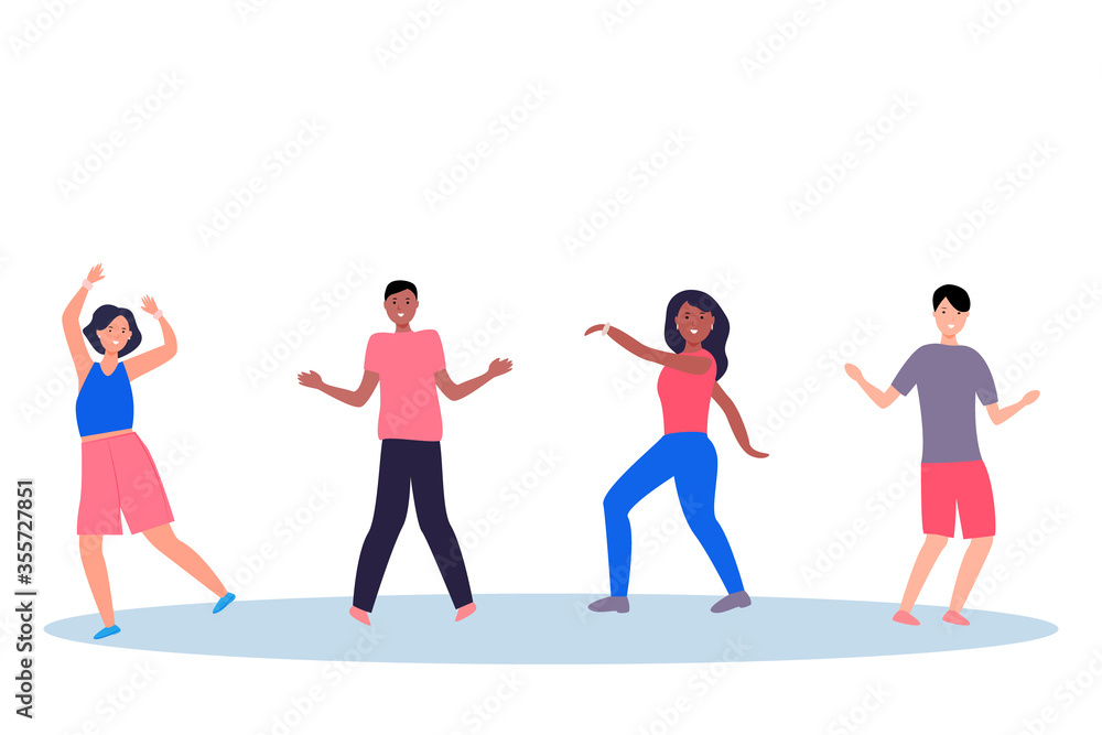Naklejka premium Cartoon modern international people dancing for holiday design. Vector flat illustration design. Festive background, poster, night lifestyle. active lifestyle of young people.