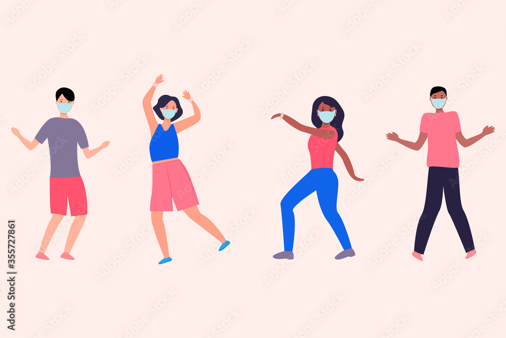 Masked cartoon characters are dancing. flat vector illustration. Happy dancing people. Fashionable set design. Social lifestyle concept during quarantine.
Masked cartoon characters are dancing. flat vector illustration. Happy dancing people. Fashionable set design. Social lifestyle concept during quarantine.