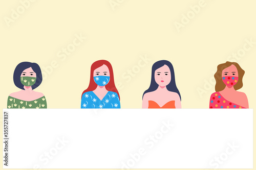 Cartoon masked girls with banner for rights to conceptual design. Flat vector illustration Love vector. Modern fashion trends. women at a rally for human rights.