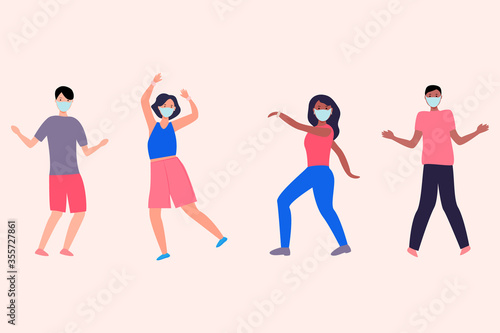  Masked cartoon characters are dancing. flat vector illustration. Happy dancing people. Fashionable set design. Social lifestyle concept during quarantine.