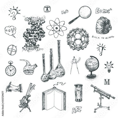 Physics, chemistry, astronomy and mathematics, biology, scientific formulas, geography. Back to School Elements. Science and education. Engraved vintage hand drawn big set