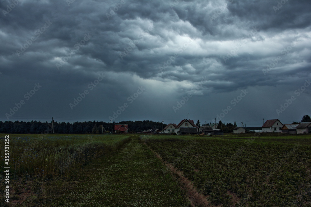 Heavy storm clouds over the village field with forest on horizon on a summer evening, beautiful rural landscape