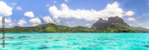 Bora Bora Island, French Polynesia. Web banner in panoramic view.