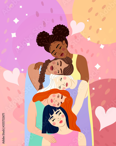 Girls of different races and nationalities supporting and hugging each other. Concept for love, diversity, international relationship and female support. 