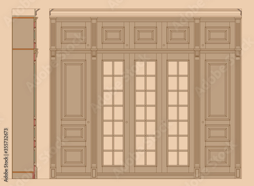 Vector old fashioned drawing of wooden wardrobe with carved cornice, mezzanine, decorated pilasters, mirror and slat door panels. Façade and section on a beige background