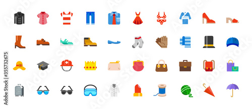 Men and women clothes vector icon set. Isolated all clothes, apparels, wears and accessories cartoon, flat style illustrations collection