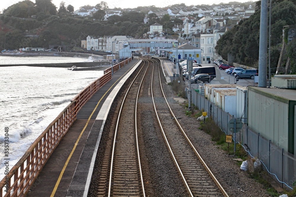 Naklejka premium Repair works on the West Coast mainline station at Dawlish in Devon following the collapse of the tracks during the storms of February 2014