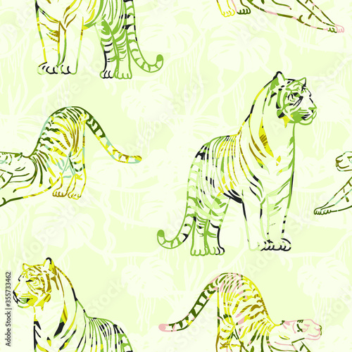 Fototapeta Naklejka Na Ścianę i Meble -  Vector seamless pattern with tigers. Trendy style.