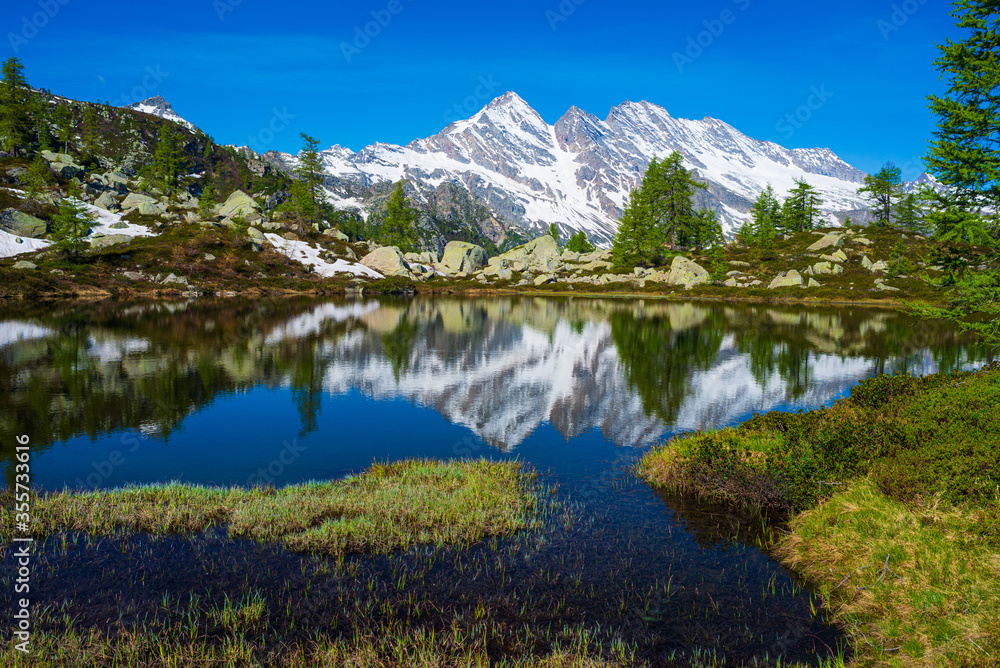 Obraz premium Alpine lake in idyllic environment amid rocks and forest. Natural reservoir of fresh water at high altitude on the mountains.