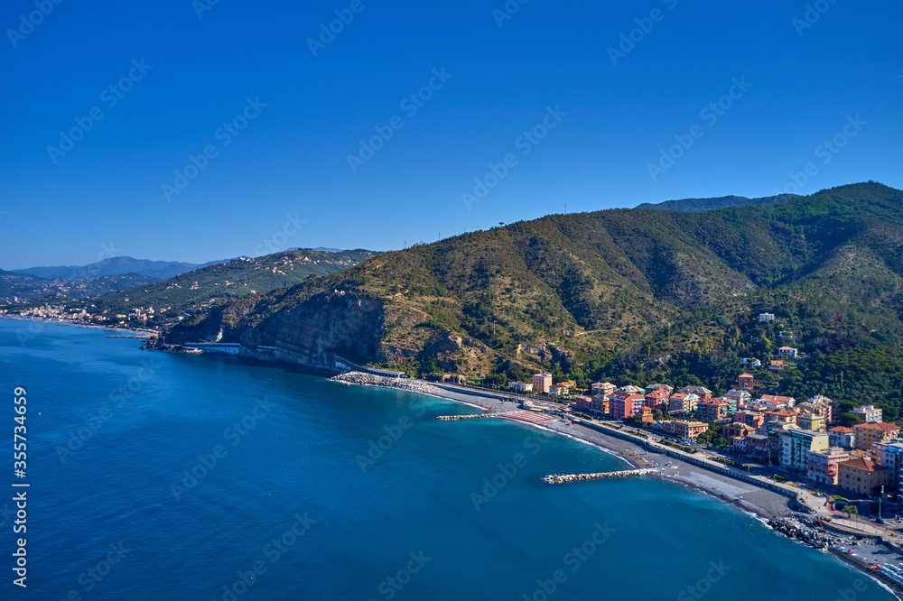Panoramic aerial view of the resort town of Sestri Levante, Italy. Coastline, boats on the water. Summer season	
