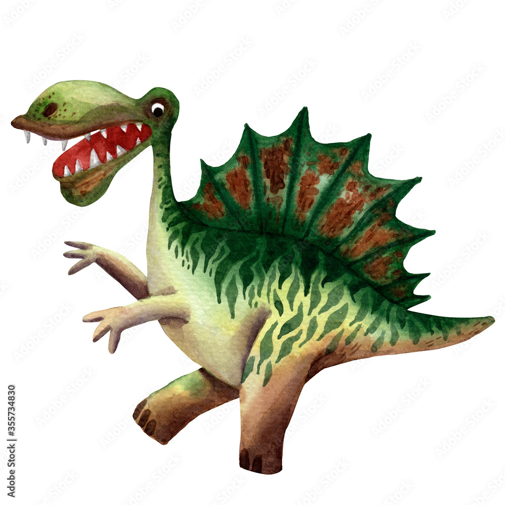 Obraz premium Hand drawn watercolor dinosaur character. Children invitation card. Prehistoric spinosaurus. Jurassic monster. Funny prehistoric reptile character. Greeting invitation children card. Paleontology pic.