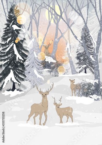 Vector winter landscape with bright sunbeams. Reindeer family standing in forest pine trees covered with snow on frosty evening. Beautiful winter panorama with snow falling