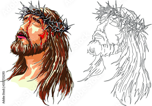 Jesus Christ in a crown of thorns. Symbol of Christianity, prayer, religion t-shirt design. Vector illustration