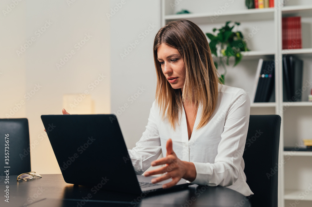 young caucasian business woman student teacher tutor wear video conference calling on laptop computer talk by webcam learn teach in online chat, distance webinar online teaching concept
young caucasian business woman student teacher tutor wear video conference calling on laptop computer talk by webcam learn teach in online chat, distance webinar online teaching concept