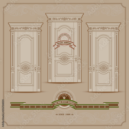 Vector old fashioned drawing of wooden doors with carved cornice, decorated pilasters and slat door panels. Ribbons and carpenter labels in retro style on beige background