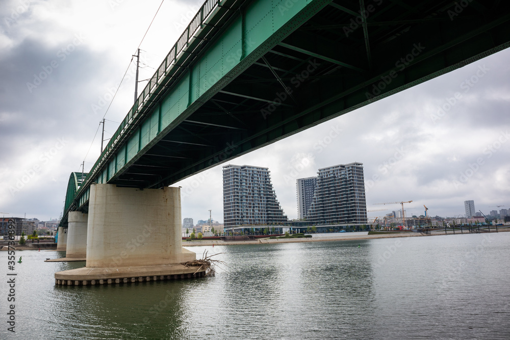 Old bridge on the Sava river near the construction area of Belgrade on the water in Belgrade capital of Serbia