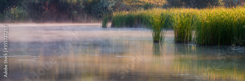 Landscape with misty morning on lake or pond
