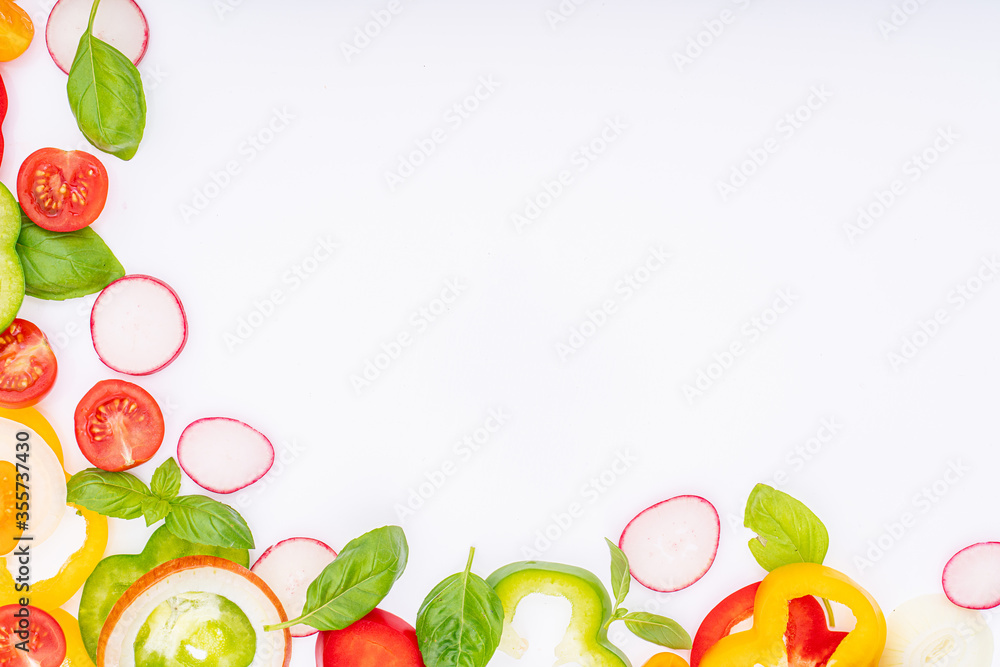 sliced vegetables pattern for cooking design on white background top view flat lay. sliced vegetables pattern for cooking design on white background top view flat lay.