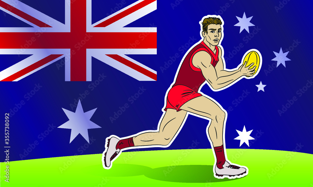 Cartoon comics style vector isolated illustration of australian rules football player. Aussie sport. Running man holding a ball. Activity, game, athlete, sportsman.