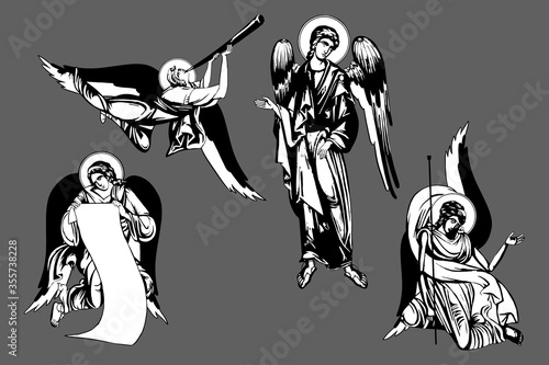 Archangels sketch set. Illustration, frescoes in Byzantine style