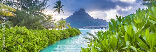 Tela Bora Bora Island, French Polynesia. Web banner in panoramic view.