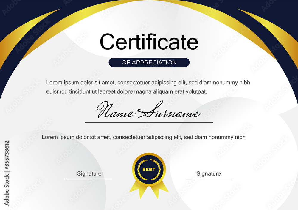 Fototapeta premium creative blue certificate of achievement template with gold badge vector design