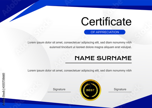 creative blue certificate of achievement template with gold badge vector design