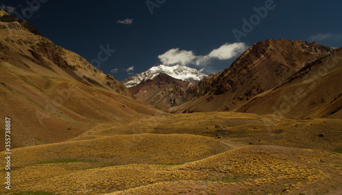 Panorama view of Aconcagua mountain, highest peak in America, and the golden meadow in Mendoza, Patagonia Argentina