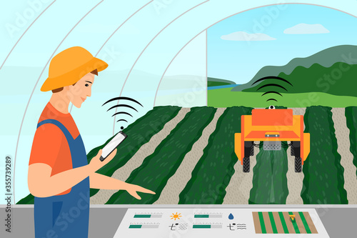 Modern technologies in agriculture. The farmer manages a combine harvester via the Internet. Automatic machine for watering and spraying beds with plants. Intelligent controlled greenhouse.