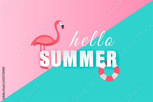 Hello summer with decoration pink and blue paper and craft style. Watermelon, flemish