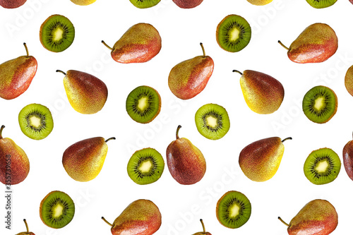 Seamless pattern of red and yellow pears and kiwi slices on a white background. The texture of the food