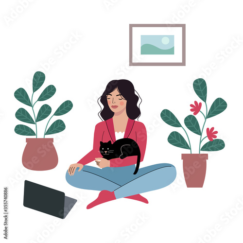 Girl working at home with laptop. Freelancer woman. Online study, education. Vector illustration isolated on white background.