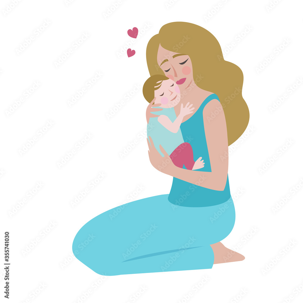 Young happy sitting beautiful woman with newborn baby. Young mother holding baby. Vector illustration