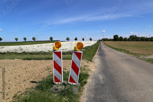 Rural landscape with a field road and road marking pole with reflectors