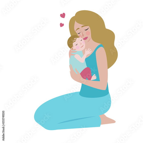 Young happy sitting beautiful woman with newborn baby. Young mother holding baby. Vector illustration