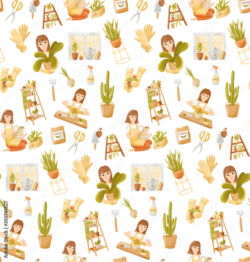 watercolor Seamless Pattern with Gardening woman Planting and Caring of Trees and Plants in Garden on White Background. High quality photo