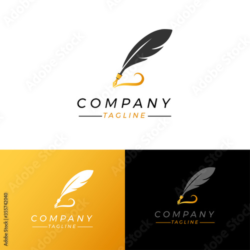 Luxury fountain pen logo vector, Golden feather pen logo template, Feather quill pen logo, classic stationery illustration, writer, author classic icon logo brand