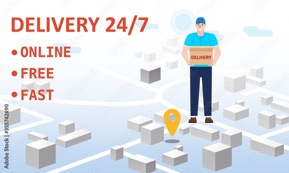 Delivery courer character man with package parcel box Delivery courer character man with package parcel box
