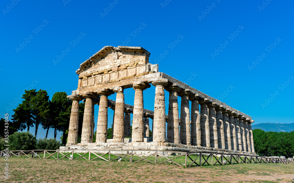 Italy, Campania, Paestum - 12 August 2019 - The Roman temple of Athena in Paestum
