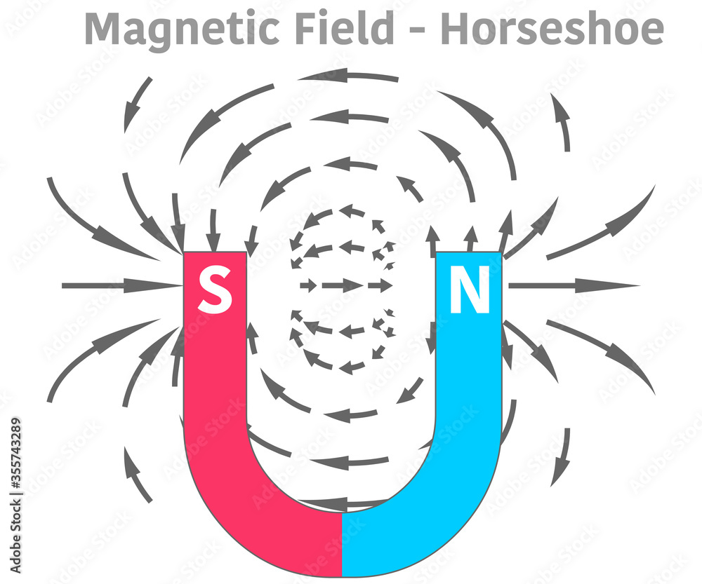 Magnetic field. Horseshoe magnet. Red, blue area, domain. Horse shoe N and  S poles. Magnetic lines. Metal or iron powders waves, particles with  arrows. Physics, magnetism lesson. Illustration Vector Stock Vector