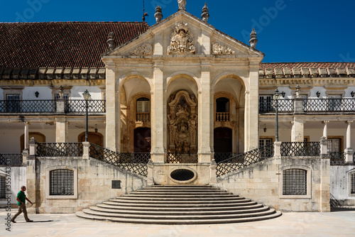 stairway to main entrance of coimbra university.
View on the courtyard of the old university with university tower in Coimbra city in the central Portugal