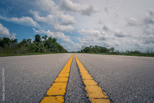 Low angle straight empty long asphalt road in Everglades National Park, Florida, USA. Two yellow lines in the middle. Blue sky with clouds. Wide shot