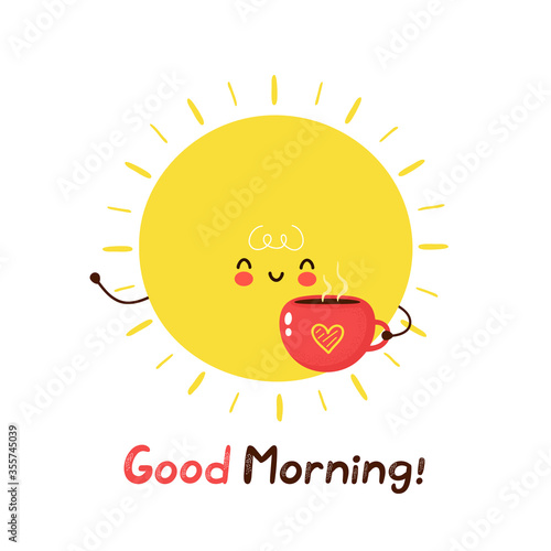 Cute happy funny sun with coffee mug