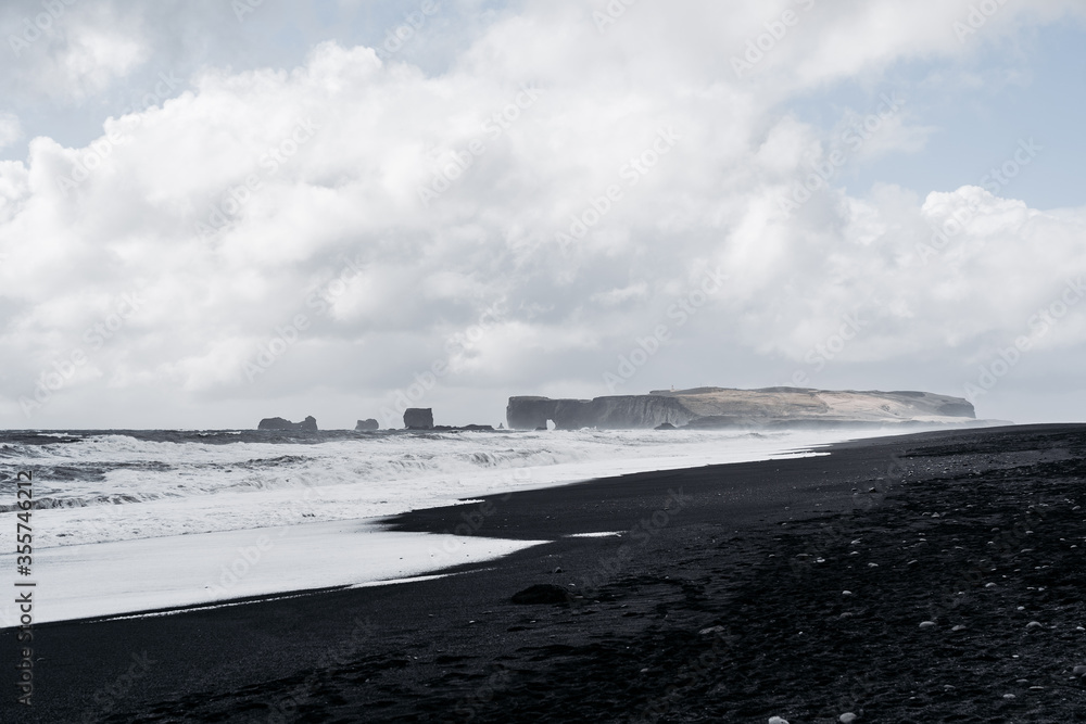 Iceland Vik south coast in winter shore on black beach volcanic
