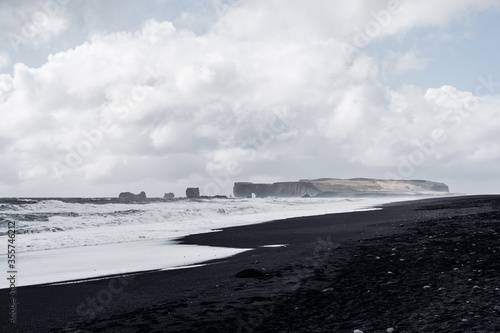 Iceland Vik south coast in winter shore on black beach volcanic