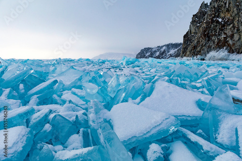  Blue ice of lake Baikal. Ice hummocks.