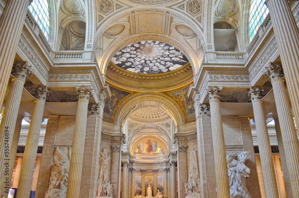 Main hall of the interior of Pantheon, the former Saint Genevieve cathedral turned into a monument for heroic and famous french citizens, Paris, France Main hall of the interior of Pantheon, the former Saint Genevieve cathedral turned into a monument for heroic and famous french citizens, Paris, France