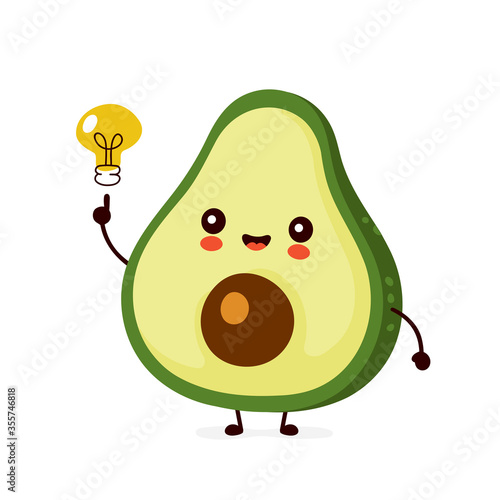 Cute happy funny avocado with light bulb